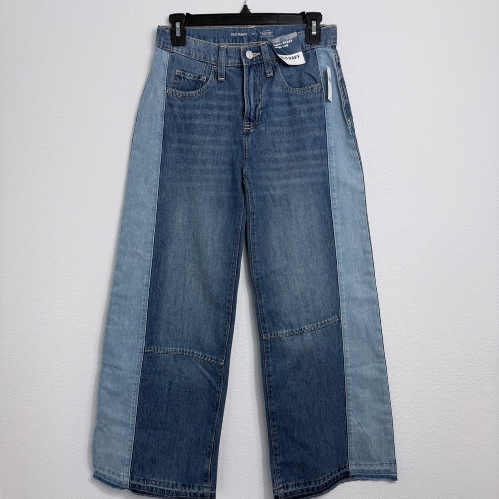 Old Navy Girls Super Baggy Wide Leg Jeans Two Tone Blue High Rise Size 14 NWT